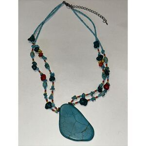 Two Strand Blue & Red Stone + Yellow Bead Necklace + Faux Torquise Slab Pendant